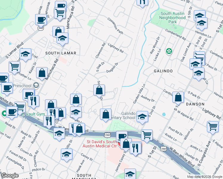 map of restaurants, bars, coffee shops, grocery stores, and more near 1308 Southport Drive in Austin