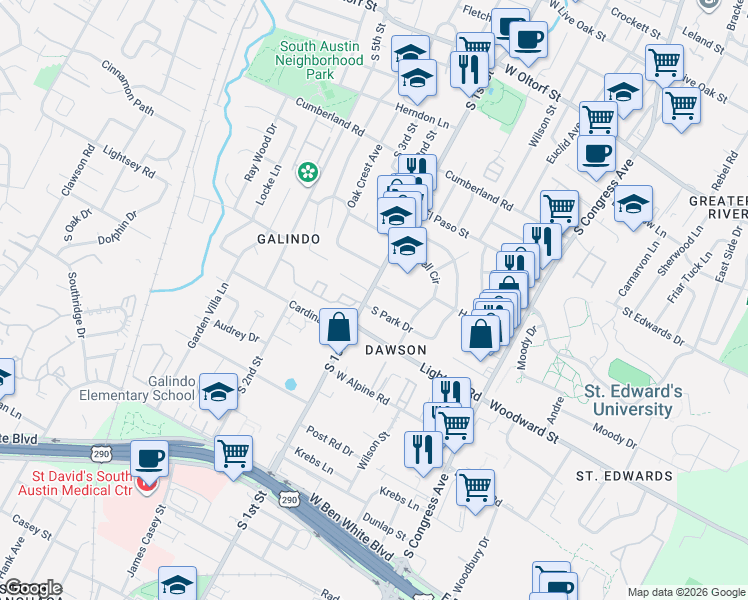 map of restaurants, bars, coffee shops, grocery stores, and more near 3115 South 1st Street in Austin