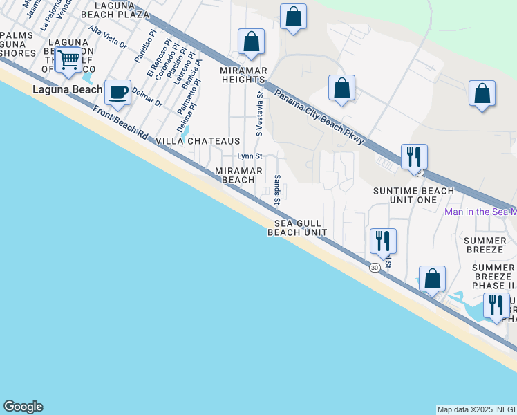 map of restaurants, bars, coffee shops, grocery stores, and more near 17757 Front Beach Road in Panama City