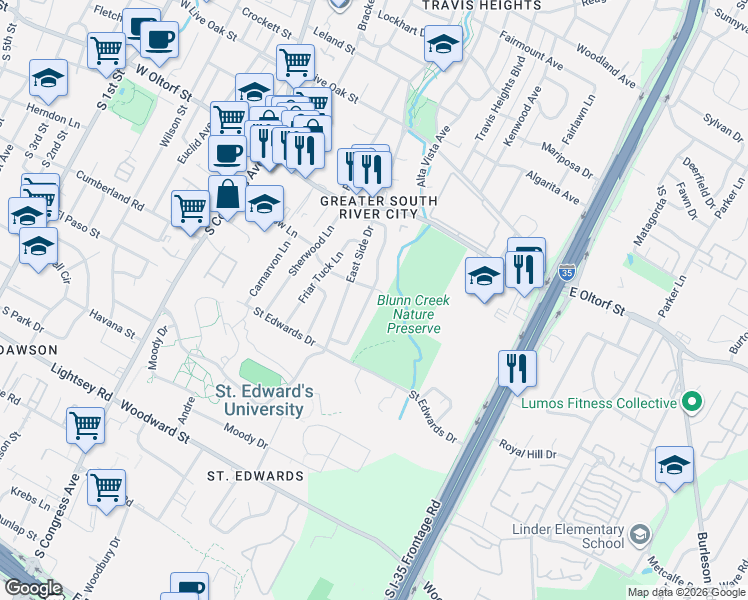 map of restaurants, bars, coffee shops, grocery stores, and more near 2603 Little John Lane in Austin