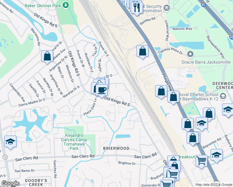 map of restaurants, bars, coffee shops, grocery stores, and more near 8108 San Jose Manor Drive East in Jacksonville