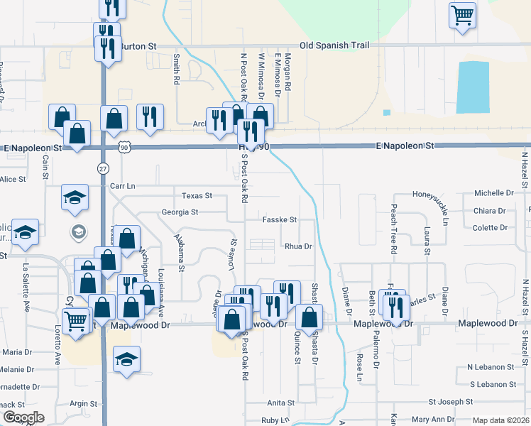 map of restaurants, bars, coffee shops, grocery stores, and more near 2321 Merwood Street in Sulphur