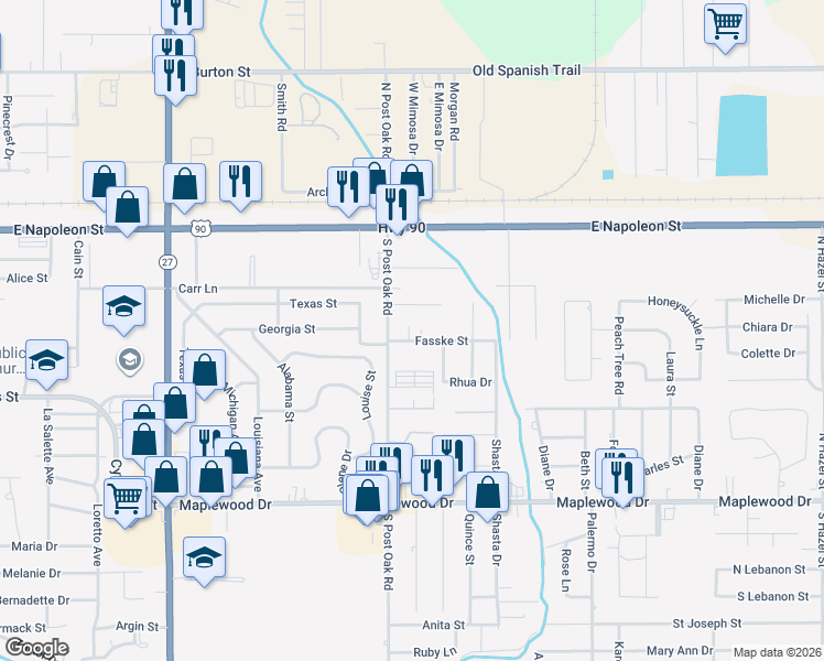 map of restaurants, bars, coffee shops, grocery stores, and more near 2321 Merwood Street in Sulphur