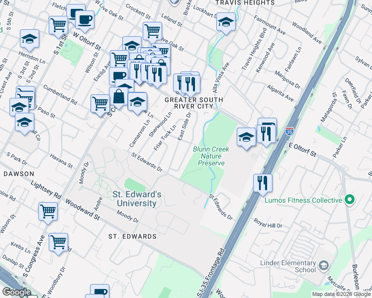 map of restaurants, bars, coffee shops, grocery stores, and more near 2510 Little John Lane in Austin