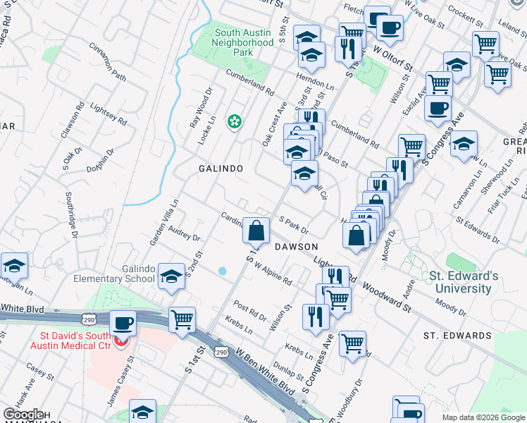 map of restaurants, bars, coffee shops, grocery stores, and more near 612 12 Oaks Lane in Austin
