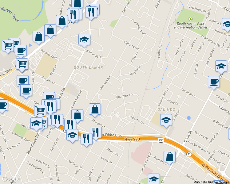 map of restaurants, bars, coffee shops, grocery stores, and more near 1600 Southgate Circle in Austin