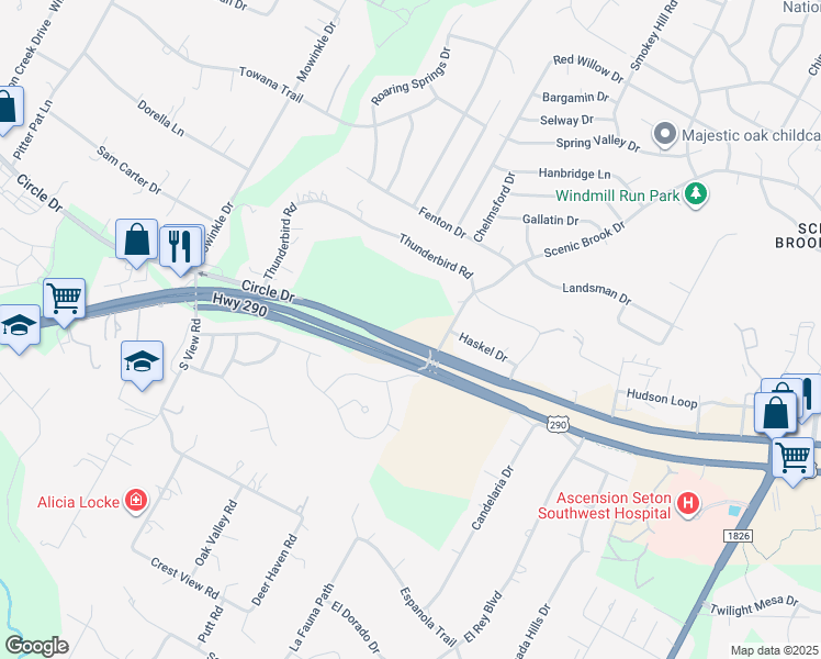 map of restaurants, bars, coffee shops, grocery stores, and more near 8000-8098 Scenic Brook Drive in Austin