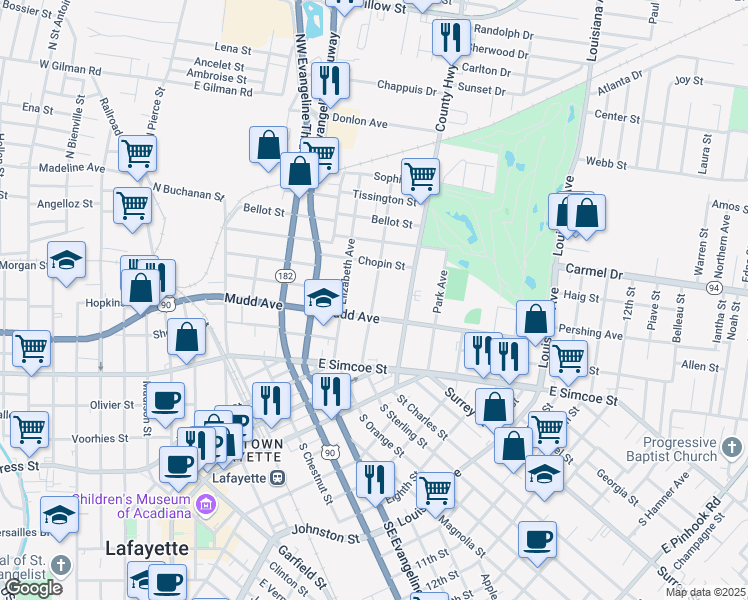 map of restaurants, bars, coffee shops, grocery stores, and more near North Sterling Street in Lafayette