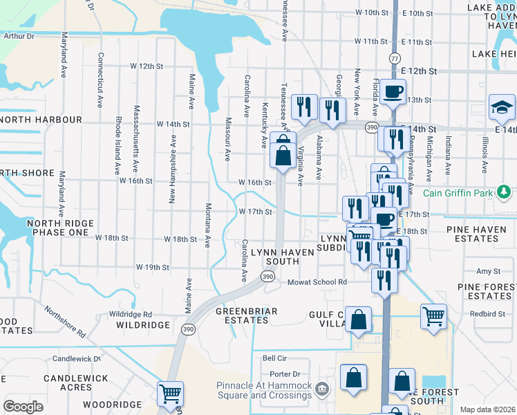 map of restaurants, bars, coffee shops, grocery stores, and more near 1611 Carolina Avenue in Lynn Haven