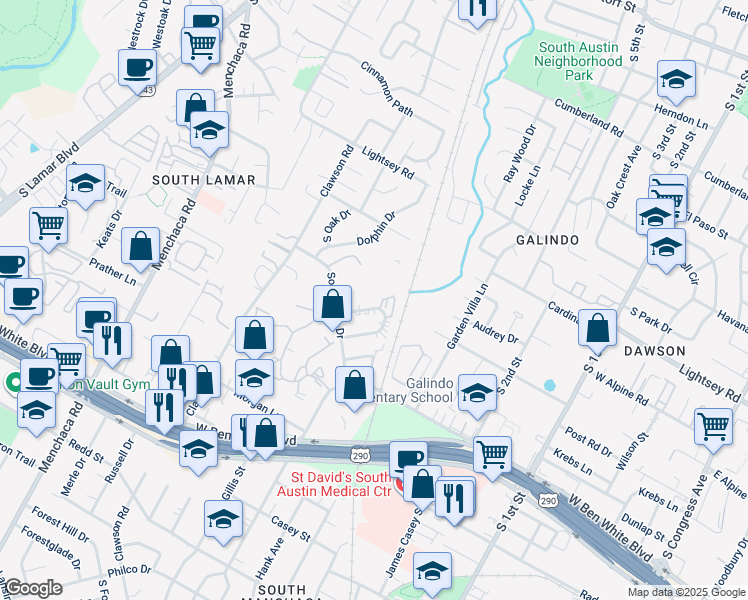 map of restaurants, bars, coffee shops, grocery stores, and more near 3603 Southridge Drive in Austin