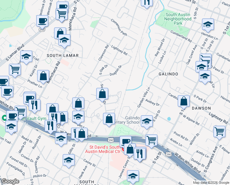 map of restaurants, bars, coffee shops, grocery stores, and more near 1308 Southport Drive in Austin