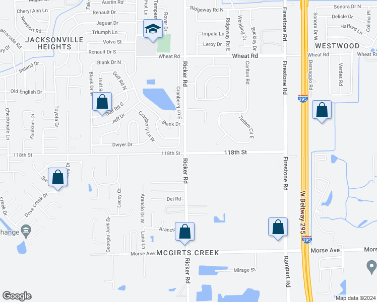 map of restaurants, bars, coffee shops, grocery stores, and more near 6379 Ricker Road in Jacksonville