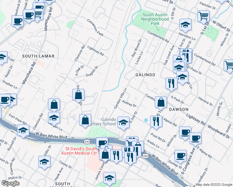 map of restaurants, bars, coffee shops, grocery stores, and more near 1007 Daphne Court in Austin