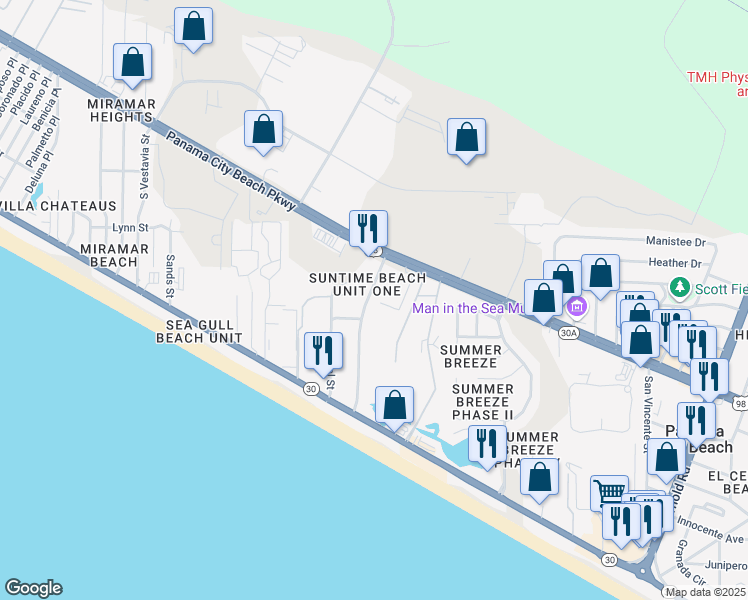 map of restaurants, bars, coffee shops, grocery stores, and more near 111 Cobb Road in Panama City