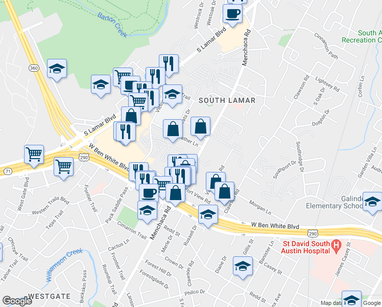 map of restaurants, bars, coffee shops, grocery stores, and more near 2004 Bert Avenue in Austin