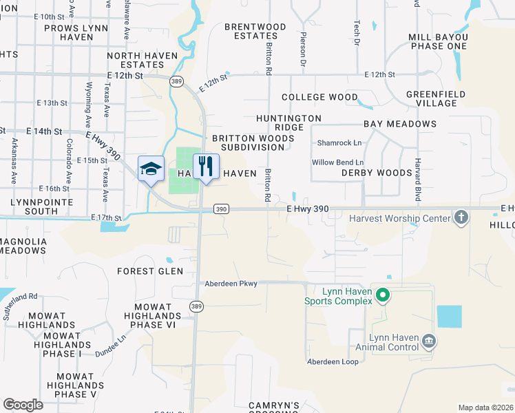 map of restaurants, bars, coffee shops, grocery stores, and more near 1618 Britton Road in Lynn Haven