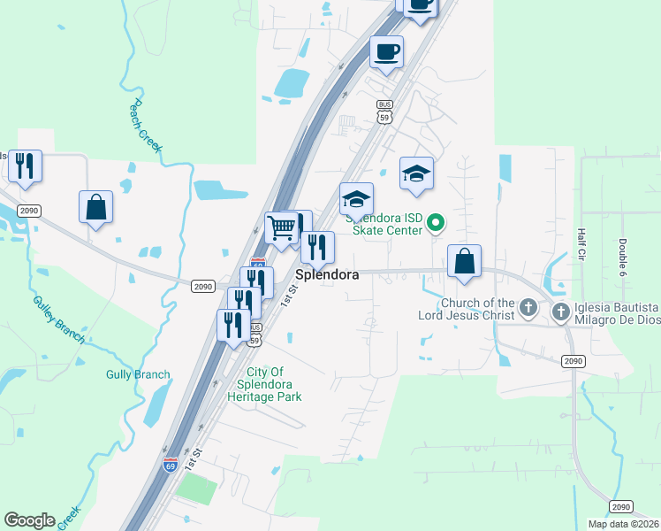map of restaurants, bars, coffee shops, grocery stores, and more near 26015 Farm to Market Road 2090 in Splendora