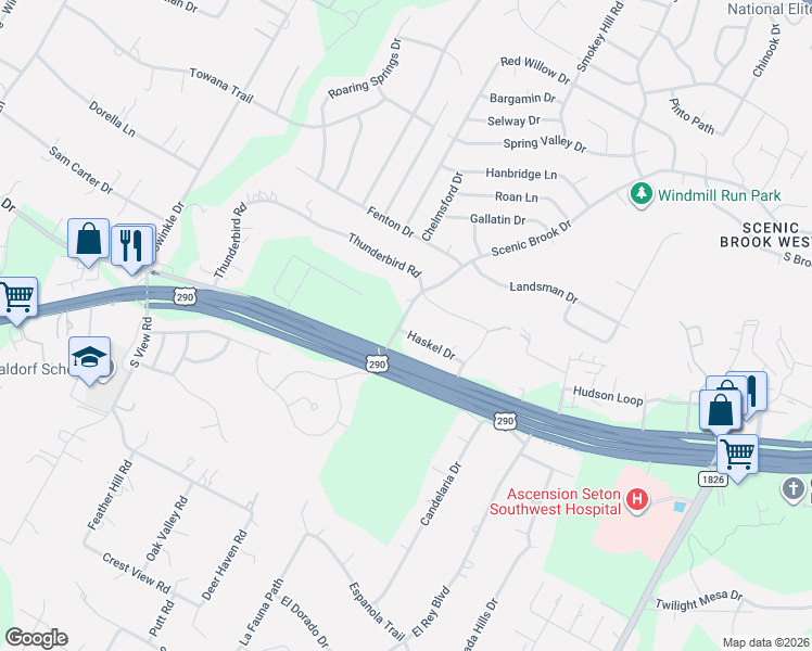 map of restaurants, bars, coffee shops, grocery stores, and more near 8003 Scenic Brook Drive in Austin