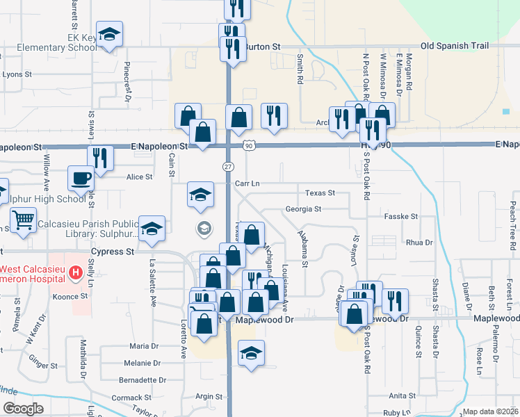 map of restaurants, bars, coffee shops, grocery stores, and more near 1108 Texas Street in Sulphur
