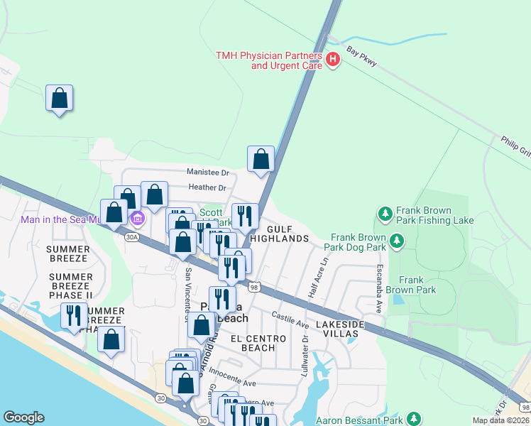 map of restaurants, bars, coffee shops, grocery stores, and more near 206 Florida 79 in Panama City Beach