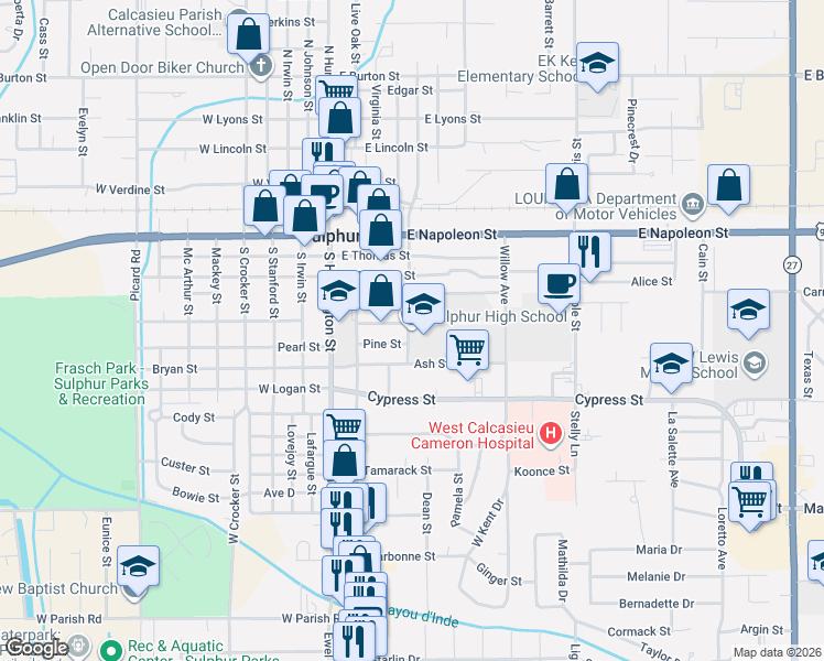 map of restaurants, bars, coffee shops, grocery stores, and more near 100 Sycamore Street in Sulphur