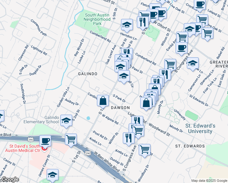 map of restaurants, bars, coffee shops, grocery stores, and more near 612 12 Oaks Lane in Austin