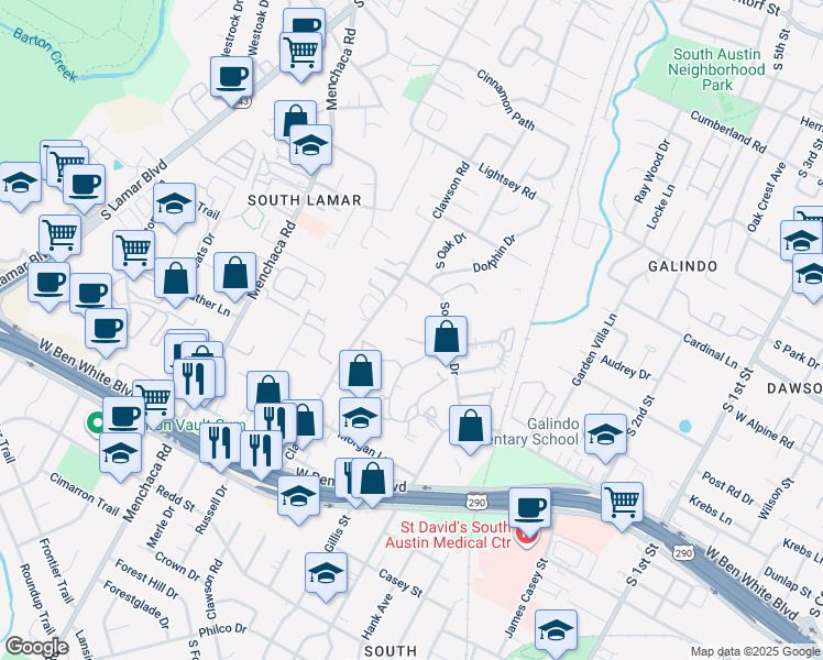 map of restaurants, bars, coffee shops, grocery stores, and more near 1600 Southgate Circle in Austin