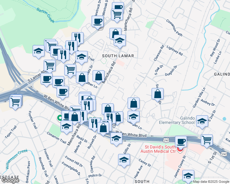 map of restaurants, bars, coffee shops, grocery stores, and more near 3900 Valley View Road in Austin