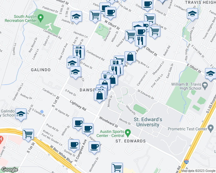 map of restaurants, bars, coffee shops, grocery stores, and more near 2908 South Congress Avenue in Austin