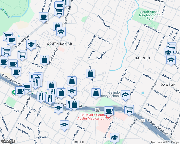 map of restaurants, bars, coffee shops, grocery stores, and more near 3520 Southridge Drive in Austin