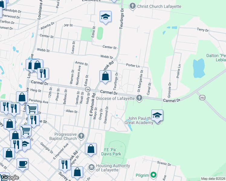 map of restaurants, bars, coffee shops, grocery stores, and more near 113 Teurlings Drive in Lafayette