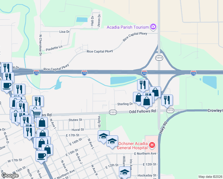 map of restaurants, bars, coffee shops, grocery stores, and more near 227 Glenwood Avenue in Crowley