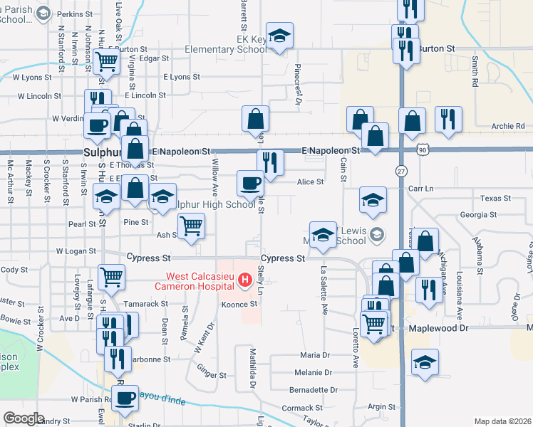 map of restaurants, bars, coffee shops, grocery stores, and more near 608 Maple St in Sulphur