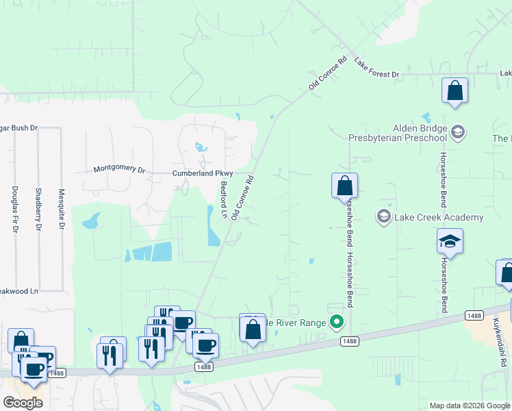 map of restaurants, bars, coffee shops, grocery stores, and more near 15567 Old Conroe Road in Conroe