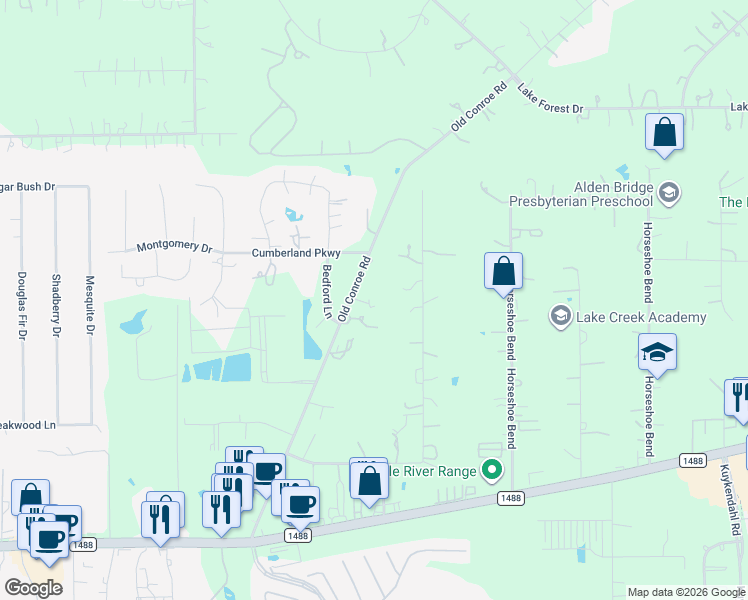 map of restaurants, bars, coffee shops, grocery stores, and more near 15567 Old Conroe Road in Conroe