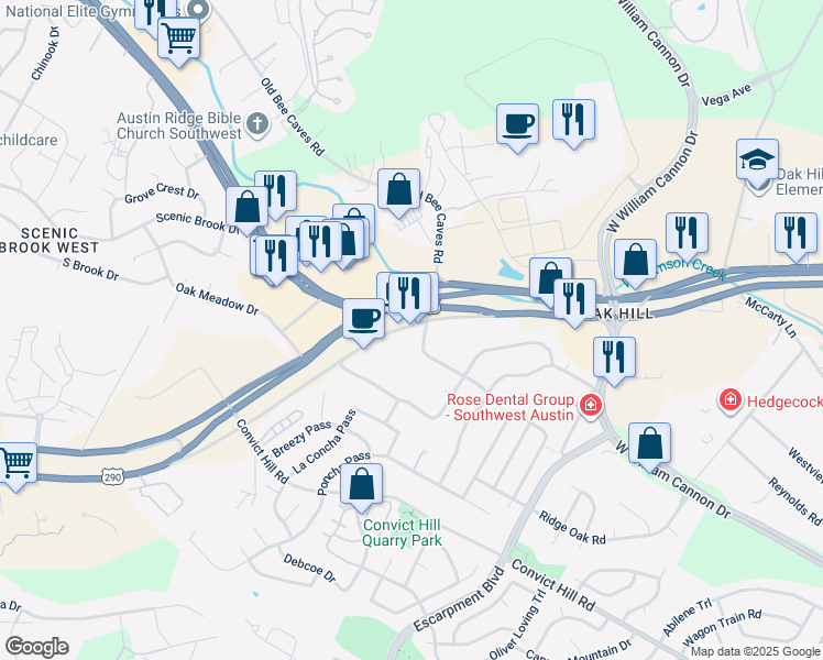 map of restaurants, bars, coffee shops, grocery stores, and more near 6863 West Highway 290 in Austin