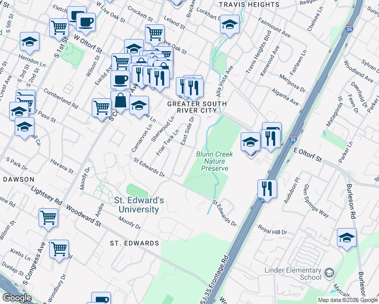 map of restaurants, bars, coffee shops, grocery stores, and more near 2602 Little John Lane in Austin