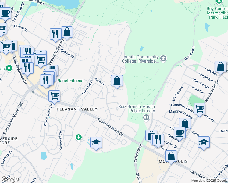 map of restaurants, bars, coffee shops, grocery stores, and more near 1601 Faro Drive in Austin