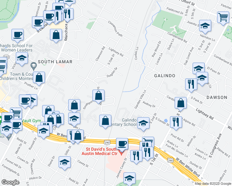 map of restaurants, bars, coffee shops, grocery stores, and more near 1300 Southport Drive in Austin