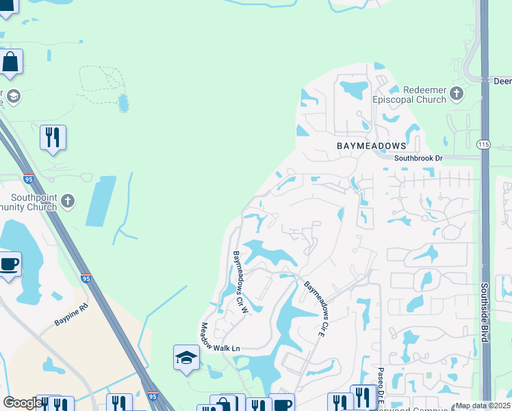 map of restaurants, bars, coffee shops, grocery stores, and more near 7639 Baymeadows Circle West in Jacksonville