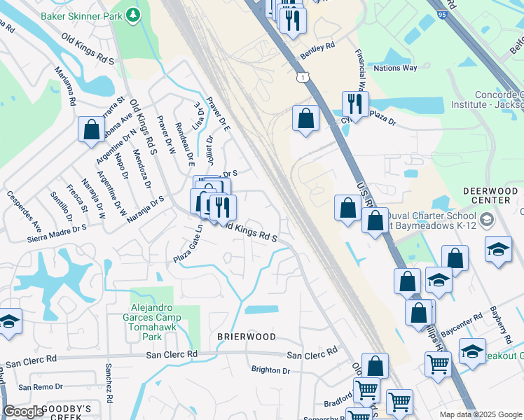 map of restaurants, bars, coffee shops, grocery stores, and more near 8108 San Jose Manor Drive East in Jacksonville