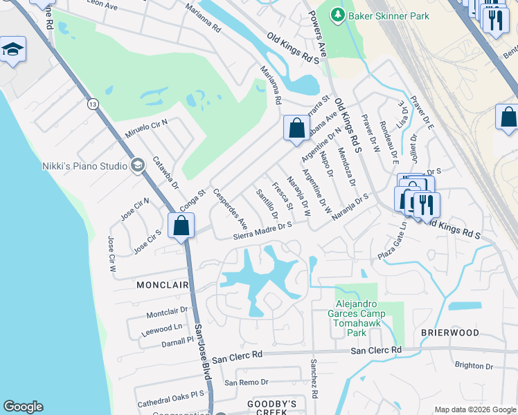map of restaurants, bars, coffee shops, grocery stores, and more near 8047 Santillo Drive in Jacksonville
