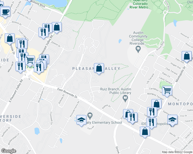 map of restaurants, bars, coffee shops, grocery stores, and more near 1601 Faro Drive in Austin