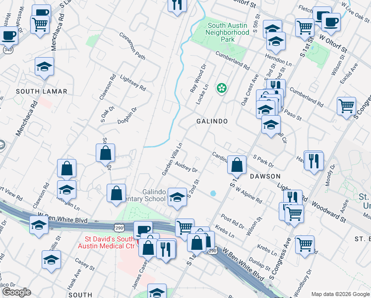 map of restaurants, bars, coffee shops, grocery stores, and more near 1001 Taffy Court in Austin