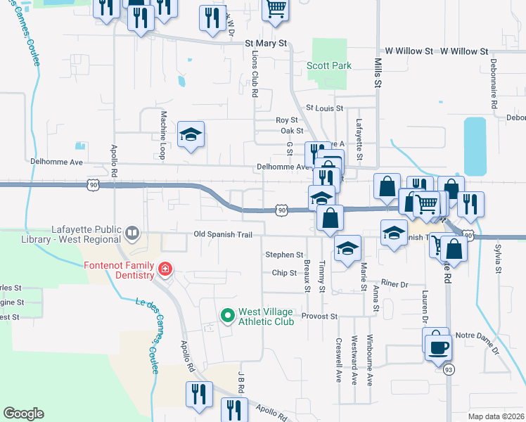 map of restaurants, bars, coffee shops, grocery stores, and more near 900 Sunset Street in Scott