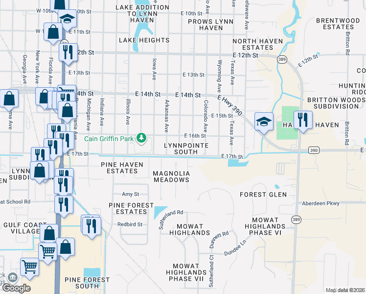 map of restaurants, bars, coffee shops, grocery stores, and more near 1604 Mississippi Avenue in Lynn Haven