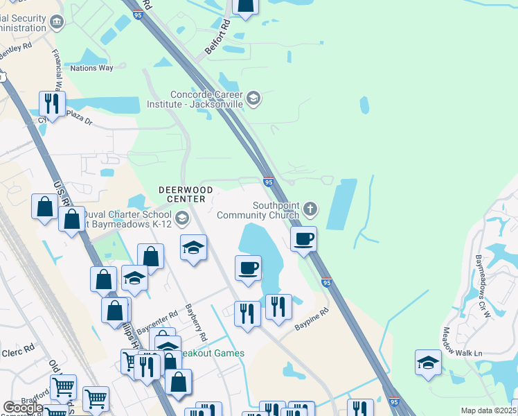 map of restaurants, bars, coffee shops, grocery stores, and more near 8800 Baymeadows Way West in Jacksonville