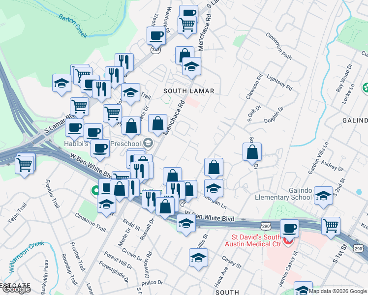 map of restaurants, bars, coffee shops, grocery stores, and more near 4008 Valley View Road in Austin