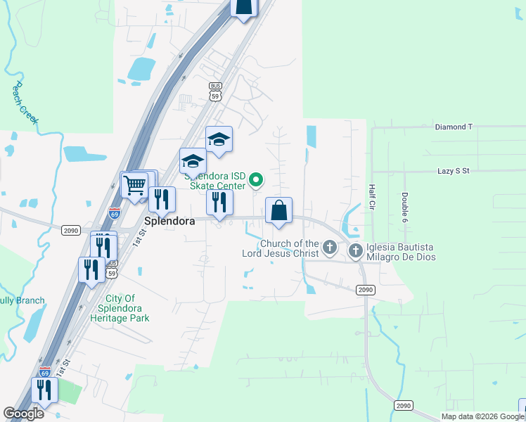 map of restaurants, bars, coffee shops, grocery stores, and more near 26341 Farm to Market Road 2090 in Splendora