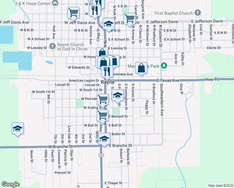 map of restaurants, bars, coffee shops, grocery stores, and more near 302 East South 1st Street in Rayne